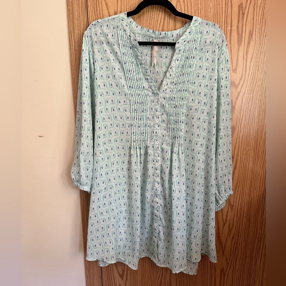 Melissa McCarthy blouse 1X EUC  pleats button down tie back 3/4 sleeve elastic